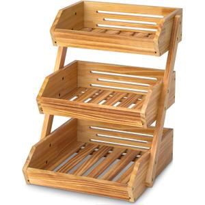 G.A HOMEFAVOR Wooden 3 Tier Fruit Basket, Brown, Pine Wood, Sturdy, Self-assembly