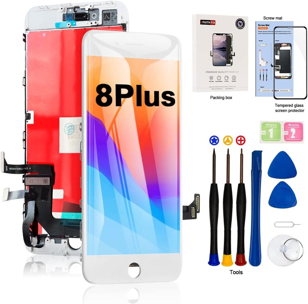 EFAITHFIX for iPhone 8 Plus LCD Screen Replacement White 5.5 Inch Frame Assembly LCD Display 3D Touch Screen Digitizer with Repair Tools Kit Tempered Glass Screen Protector for A1864, A1897, A1898