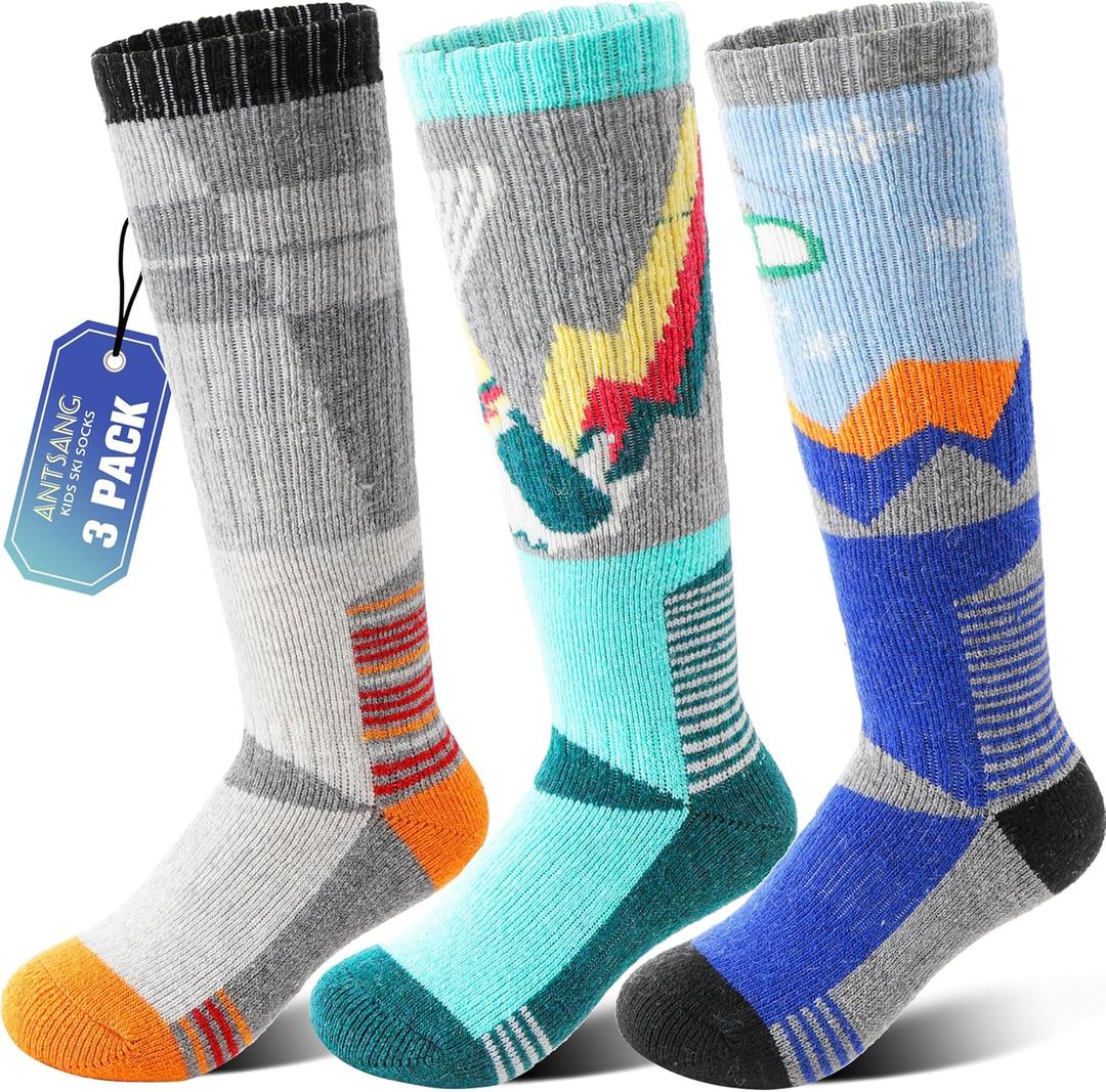 ANTSANG 3 Pairs Kids Merino Wool Ski Socks Boys Girls Thermal Thick Warm Winter Cozy Socks for Skiing Snowboarding (8-12 Years, Skate-green Blue Grey)