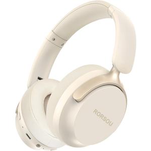 RORSOU B8 Bluetooth Headphones Over Ear, 6 EQ Music Modes and 50H Playtime Deep Bass Wireless Headphones with Mic, Lightweight Folding HiFi Stereo Headset for iPad/Travel/Tablet/PC/Home Beige White