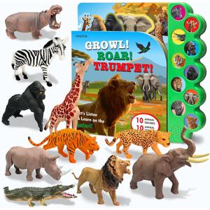 iGRATENS Safari Animals Figures Toys with Sound Books, 10PCS Realistic Jungle Animals Figures & Safari Animals Book with 10 Buttons, Zoo Animal Toys, Learning Toy for 3+ Year Old Boys, Girls, Kids