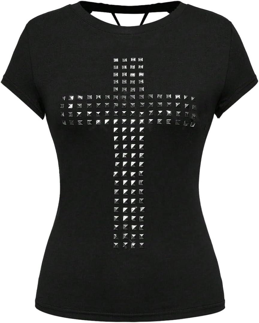 SOLY HUX Women's Y2K Gothic Graphic Tees Rivet Punk T Shirt Short Sleeve Cut Out Back Going Out Tops (Black, S)