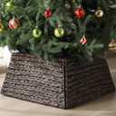 22 Inch Christmas Tree Collar Water Hyacinth Woven Farmhouse Square Base Cover Christmas Tree Basket for Xmas Holiday Decorations(Brown Black)