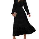 BTFBM Women Fall Maxi Dresses 2025 Long Sleeve V Neck Swiss Dots High Waisted A-Line Ruffle Boho Long Dress Vacation(Black,XX-Large)