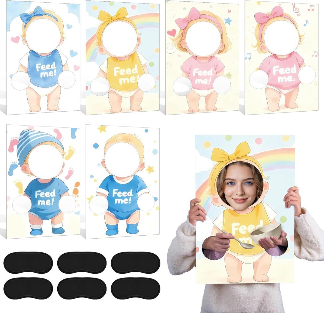 6 Sets Blindfolded Baby Shower Games Feed Me Board Feed The Baby Funny Blindfolded Food Feeding Gender Reveal Game Activities for Guests Photo Booth Props Bridal Family Reunion Party Supplies