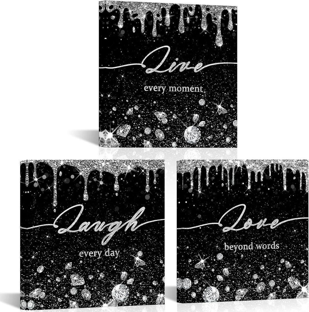 Conipit Black And White Glam Glitter Canvas Wall Art Laugh Live Love Inspirational Pictures 3 Pcs Framed Fashion Art Modern Artwork For Bathroom Bedroom Wall Decor12''x12''x3pcs