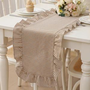 Taupe Stripe Ruffled Table Runner 72 Inches Long Scalloped Table Runner Rustic Cotton Tabletop Farmhouse Decor for Baby Shower Bride Shower Birthday Party Holiday Wedding
