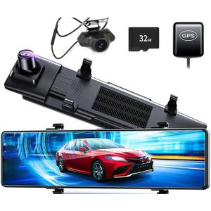 Mirror Dash Cam Rear View Camera 11''Full UHD 4K Front and 1080P Rear Backup Dual Cameras for Cars,GPS,Night Vision,Smart Reverse Parking Assistance,Touchscreen,Free 32GB Card H28-blackFD03696329