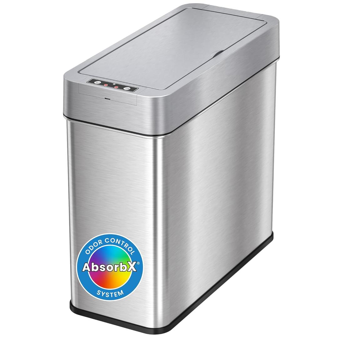 iTouchless 4 Gallon Slim Sensor Trash Can (Lid Opens Left) with AbsorbX Odor Control, 15 Liter Slim Stainless Steel Automatic Wastebasket, Space-Saving Bin for Bathroom, Kitchen, Office, Hotel