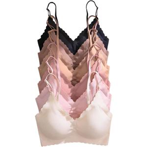 BEAUDRM Women's 6 Pieces Bra Scallop Seamless Padded Comfy Wireless Bralettes Cami Tops (Apricot and Black)