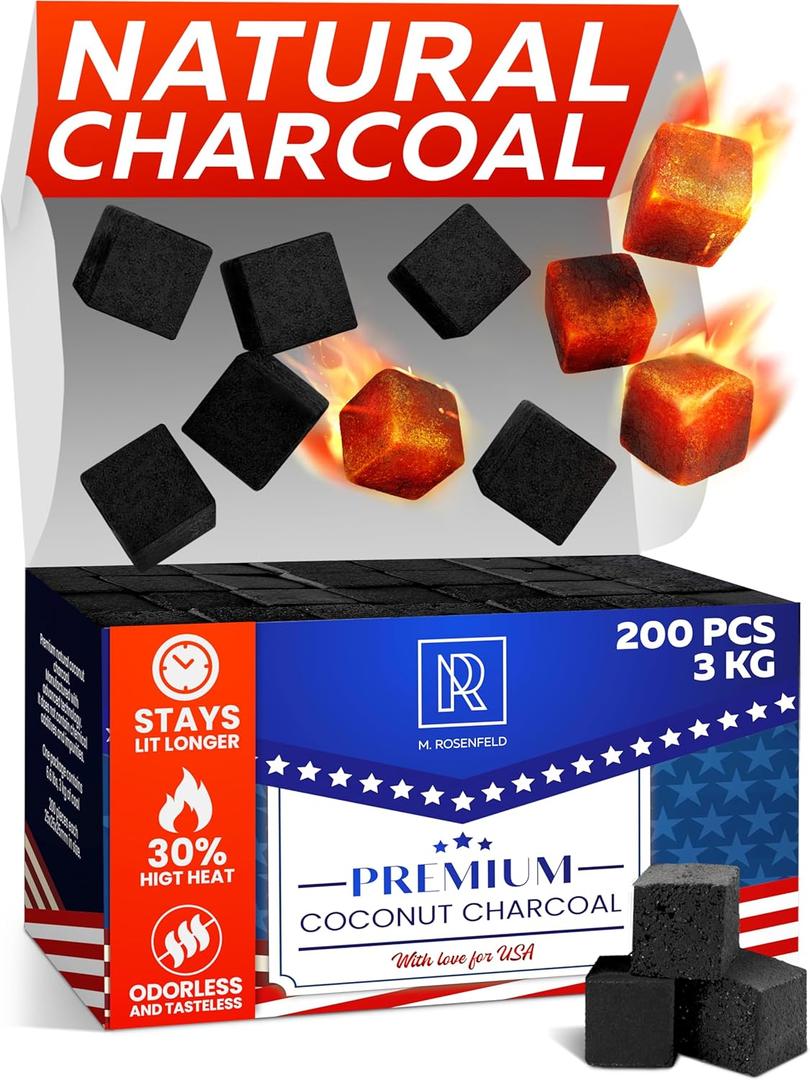 Premium Coconut Charcoal Cubes - Coconut Coals XL Pack of 200 Count & 3 KG (6.6 lbs)  Premium Quality 25mm (1x1x1 in)  100% Natural Coconut Charcoal Cubes  NOT Quick Light - (Pack of 1)