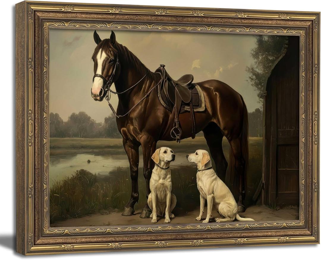 Vintage Gold Framed Wall Art, Vintage Equestrian Wall Art Decor Rustic Horse and Dog Picture Antique Farmhouse Animal Canvas Prints for Living Room, Office, Horse Lovers 12x16 Inch