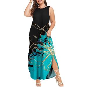 Wolddress Womens 2025 Plus Size Sleeveless Tank Dress Casual Loose Sundress Split Summer Beach Long Maxi Dresses with Pockets Gilding Floral 3XL
