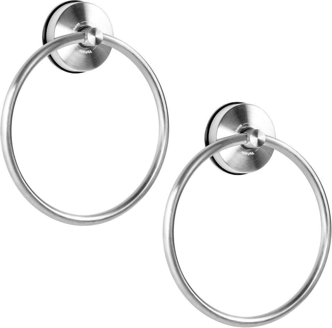 YOHOM Suction Cup Towel Ring Hand Towel Holder for Bathroom Vacuum Suction Washcloth Holder Dish Towel Hanger for Shower Wall No Drill Stainless Steel Brushed Finish, 2 PCS
