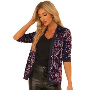 Allegra K Women's Sequin Cardigan 3/4 Sleeve Open Front Velvet Sparkle Jacket Party Glitter Blazer Small Blue Purple, Size S