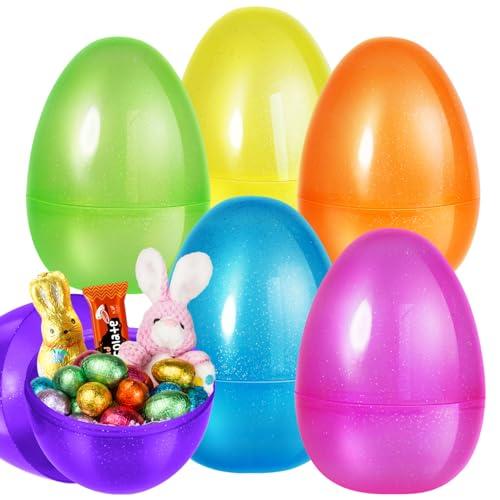 SpringFlower 12 PCS Jumbo Easter Eggs, 10" Large Plastic Easter Eggs for Easter Egg Hunt, Empty Easter Eggs for Filling Treats, Basket Stuffers Fillers, Easter Theme Party Favor,  Transparent with glitters