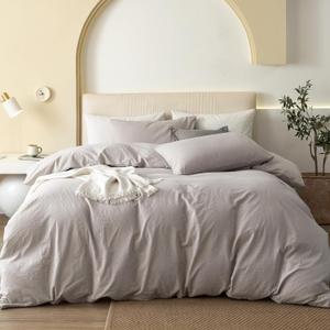 JIYUAN Oversized Queen Duvet Cover Set, 3-Piece - 100% Washed Cotton, Linen-Like Soft & Breathable with Zipper Closure, Includes 98x98 Inch Cover & 2 Pillowcases, Heathered Linen
