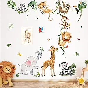 decalmile Safari Animals Wall Decals Jungle Animals Climbing Tree Giraffe Elephant Lion Wall Stickers Baby Nursery Kids Room Wall Decor