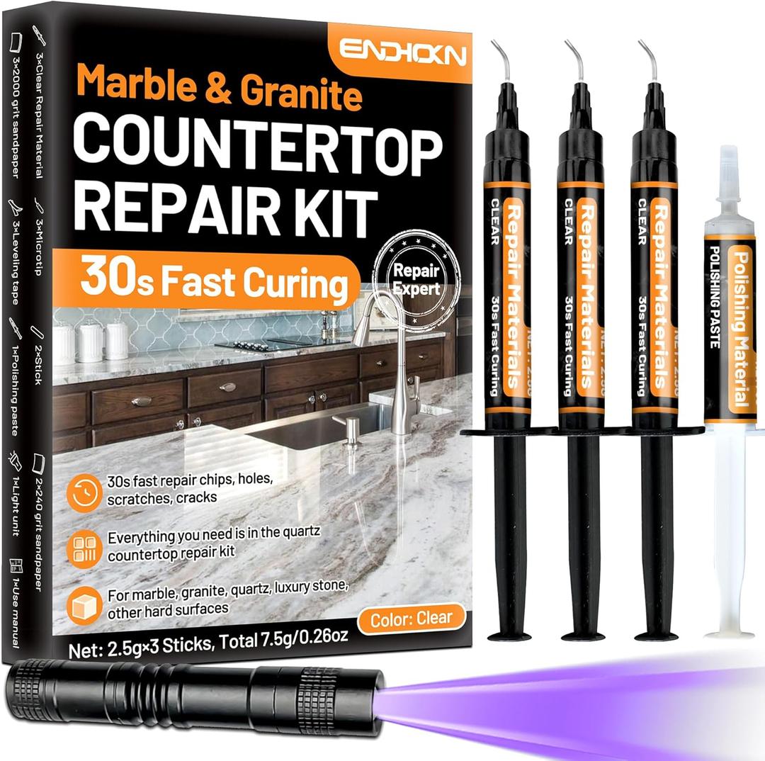 Endhokn Marble & Granite Countertop Repair Kit, 3pcs Clear Quartz Countertop Repair Kit 30s Fast Fix Chips, Holes, Scratches, Cracks, for Luxury Stone, Corian, Other Hard Surfaces