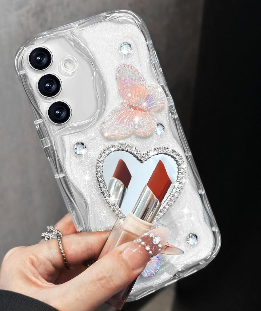 Toycamp for Samsung Galaxy S24 case Women - Cute Girly Girls Phone Cover for Samsung S24 Kawaii Aesthetic Pretty Unique Glitter Bling Sparkle Wave Design Funda para S 24, Mirro Heart