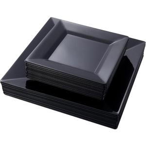 N9R 60PCS Black Plastic Plates Square, 30 Dinner & 30 Dessert Plates Heavy Duty, Fancy Disposable Plates for Party, Wedding and other Events