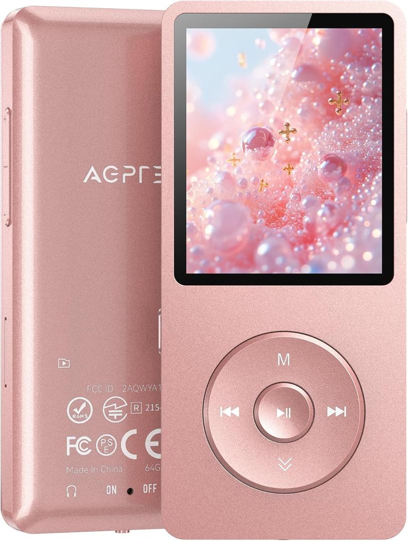 AGPTEK A02PL 64GB MP3 Player, 65 Hours Playback Lossless Sound Music Player, Supports up to 128GB(Rose Gold)