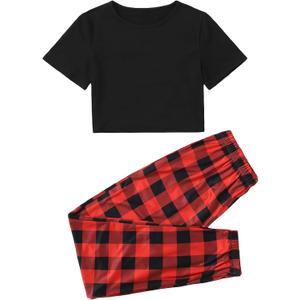 GORGLITTER Women's Preppy Pajamas Pjs Sets Crop Tee and Long Sweatpants Lounge Set (X-Small, Black and Red)