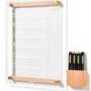 Clear Glass Weekly Dry Erase Calendar Whiteboard with Wood Decoration for Wall, Menu & Meal Planner White Board for Home Kitchen, 15x11, Wood Marker Holder and 4 Markers Included, Yeoux
