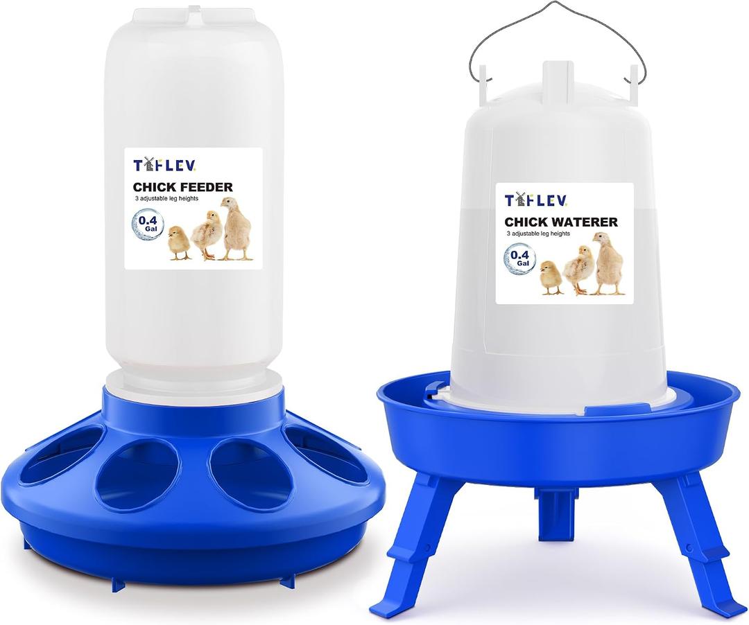 Baby Chick Feeder and Waterer Set with Adjustable Height, Anti-Drown Poultry Waterer for Raising Chicks in Brooder (0.3 Gal Chick Feeder & 0.4 Gal Chick Waterer, Blue)