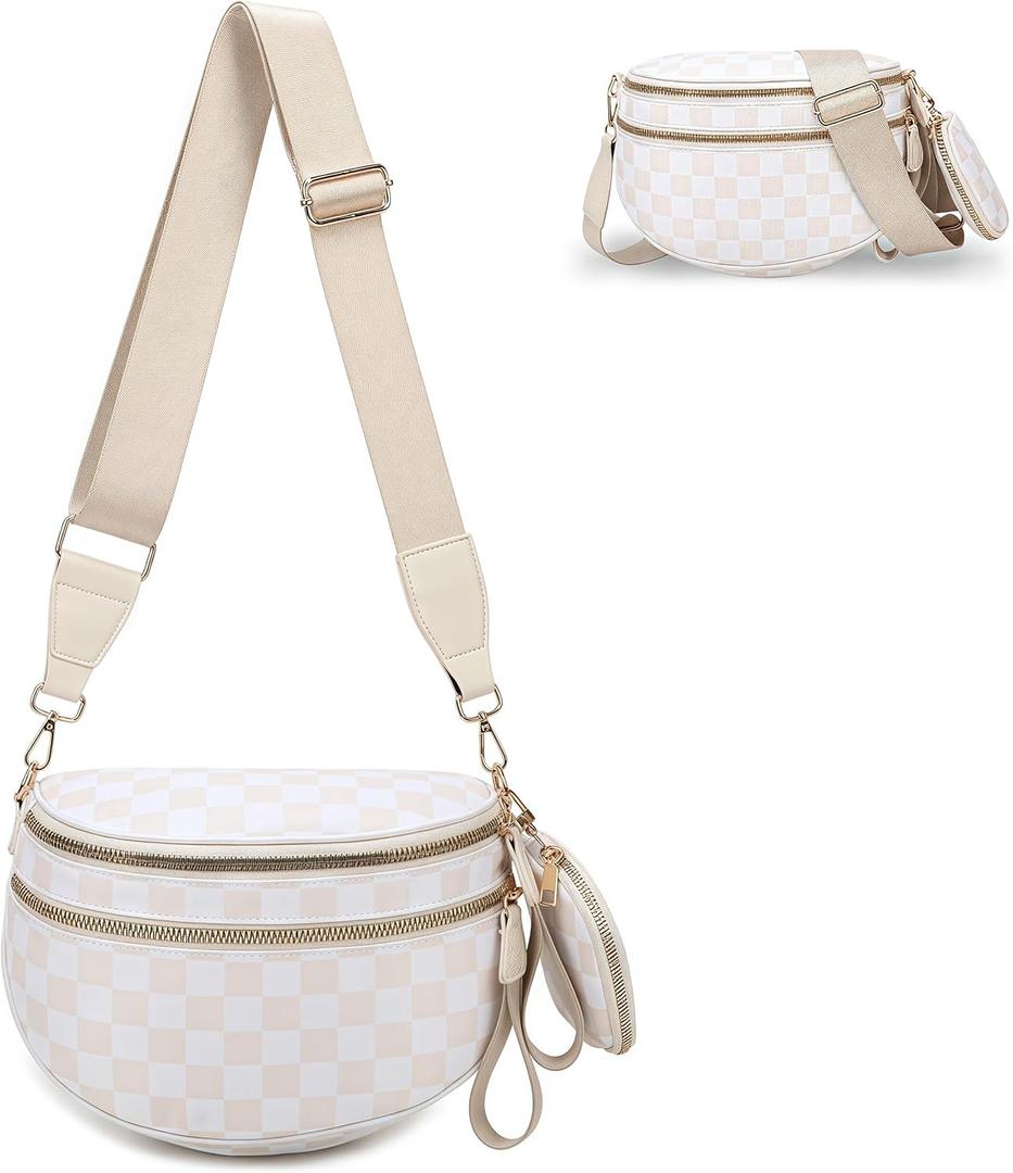 Checkered Crossbody Bum Bags for Women, Nylon Sling Bags with Shoulder Strap, Large Capacity Checkered Purse Bag