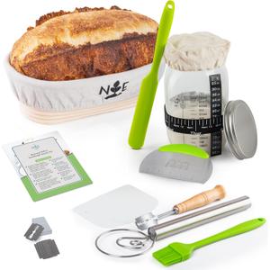 Sourdough Starter Kit - Complete Sourdough Kit with Glass Sourdough Starter Jar, Natural Rattan Banneton Bread Proofing Basket, Bread Lame & More, 16 PCS Baking Gift Set (Oval)