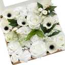 Ling's moment Fake Flowers Box, Faux Artificial Greenery Stems Foam Roses Poppy Silk Leaves Fabic Flower for Centerpieces Bouquet Wedding Vase Floral Decorations, White & Dark Green, Grand Combo