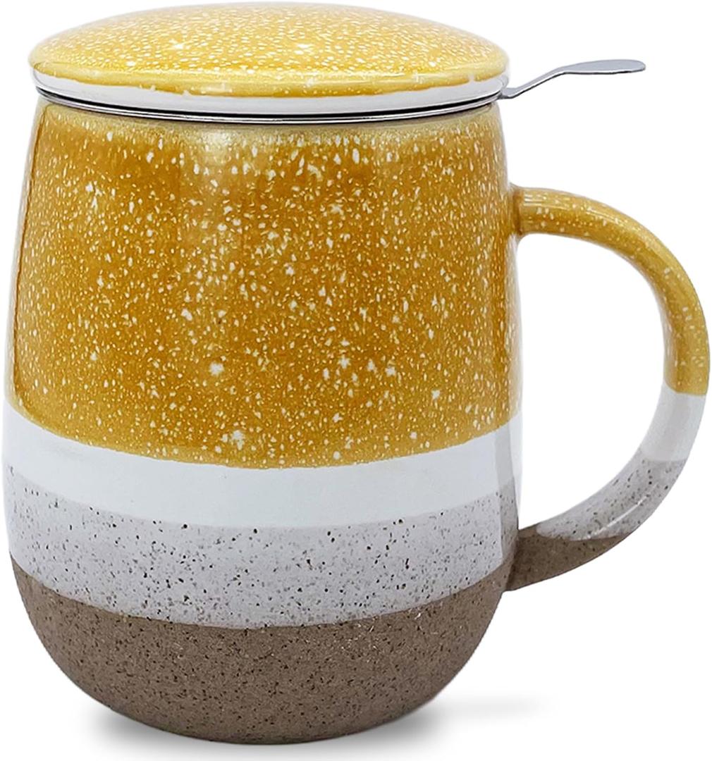13.5oz Tea Mug with Infuser and Lid, Loose Leaf Tea Cup with Strainer, Porcelain Steeping Teacup, Yellow Infuser Mug for Birthday, Christmas, Thanksgiving, Housewarming Gift