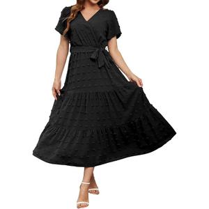 Women's Polka Dot Long Dress V Neck Flowing Short Sleeved Solid Color Lace Up A Line Dress Swing Party M