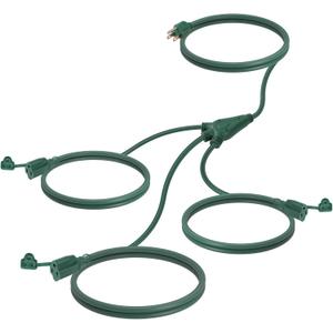 EP Outdoor Extension Cord 1 to 3 Splitter, Max 6ft End to End (12FT Total), 3 Prong Outlets Plugs, 16/3 SJTW Weatherproof Wire for Christmas Landscape String Lights, Green