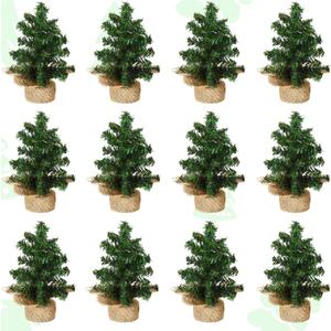 Yinder Tabletop 12 Pcs Mini Christmas Tree 5.91 Inches Artificial Mini Xmas Miniature Pine Christmas Tree with Linen Base for Xmas Holiday Decorations Indoor Home Kitchen Dining Table