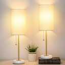 Bedside Table Lamp with Marble Base: Pull Chain Switch 3-Way Dimmable | Linen Fabric Shade & Golden Pole Small Nightstand Lamps 18.5 Inches for Bedrooms, Office, Dinning Room, Set of 2