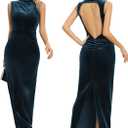 Capuffy Women Backless Velvet Maxi Dress Back Slit Ruched Bodycon Formal Dress High Neck Cocktail Party Dress 091 (Small, Peacock Blue)