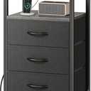 Huuger Nightstand with Charging Station, 27.6 Inch End Table Bedside Table with USB Ports and Outlets, Fabric Drawers, Night Stand for Bedroom, Charcoal Gray