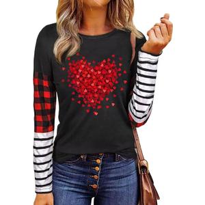 MHTOR Valentines Shirts Women Buffalo Plaid Love Heart Graphic Tees Letter Print Long Sleeve Tops Shirts Valentines Gift (Black, M)