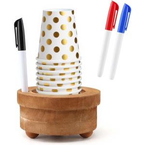 Wooden Cup Holder with Marker Slot & 3 Markers - Cup Holder Dispenser Circular Wood Stand for 10, 12, 16, 18 oz Cups - Organizer & Identifier