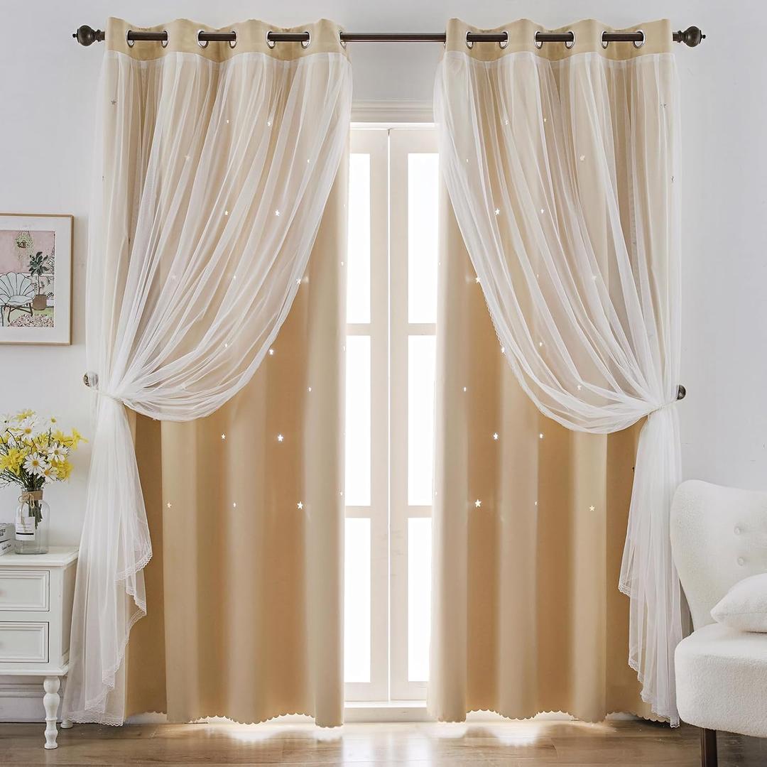 indistar Star Cutout Kids Window Blackout Curtains for Girl Bedroom Window Room Darkening Curtains & Drapes Baby Nursery Curtains (2 Panel, 52W x 84L inch,Beige)