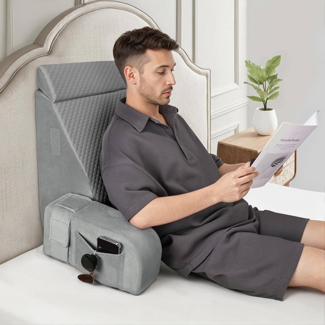 Reading Pillow for Sitting in Bed Adult, Back Pillow for Bed Sitting up, Reading & Bed Rest Pillows for Watching (Gray/Gray)