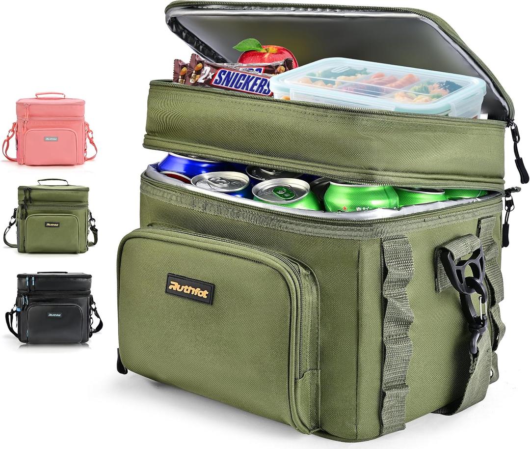 Double-Layer Insulated Cooler Foldable Lunch Box, Leakproof Cooler Bag for Men & Women, Shoulder Strap, Bottle Opener, for Beach, Camping, Car (Green)