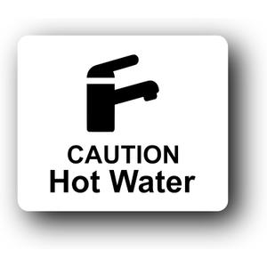 White 'Caution Hot Water' Sign - 4.72"x3.94" (120mm x 100mm) - Rigid 1mm Thick Substrate - UV Printed with Self-Adhesive Backing for Easy Installation