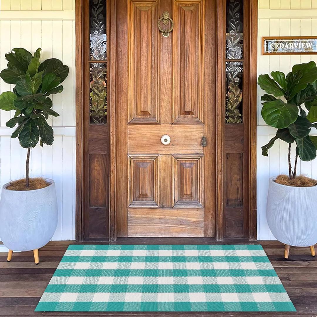 Spring Rugs Green and White Plaid, 3'x5' Area Rug Outdoor Indoor Easter Front Porch Doormat Cotton Hand-Woven Layered Door Mats for Entryway Patio Entryway Laundry Bedroom Living Room