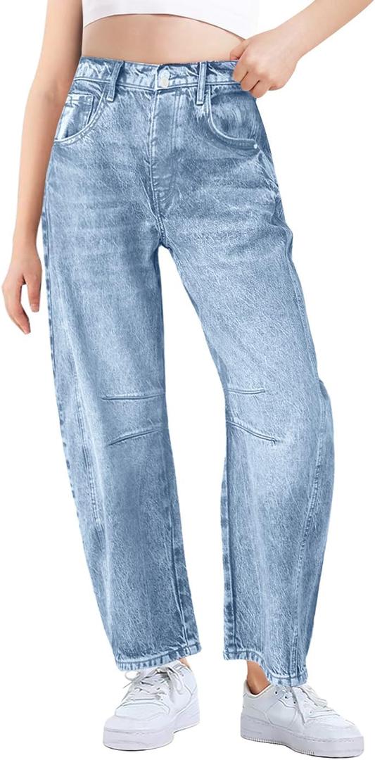 Haloumoning Girls Wide Leg Barrel Jeans Kids Fashion Elastic Waist Baggy Denim Pants with Pockets 13-14 Years (Sky Blue)