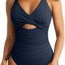 Aleumdr Women's Ribbed One Piece Swimsuit Tummy Control High Cut Bathing Suit Sexy V Neck Criss Cross Monikini, Small