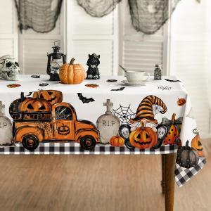 Horaldaily Halloween Tablecloth 60x84 Inch Rectangular, Ghost Pumpkin Washable Table Cover for Party Picnic Dinner Decor (Orange)