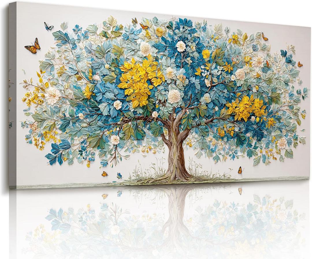 imjiayu Tree of Life Wall Art, Oversized Wall Art, Family Tree Wall Decor, Nature Butterfly Flower Plant Painting Prints, Modern Extra Large Pictures for Living Room Dining Room Office Hotel 29"x57"